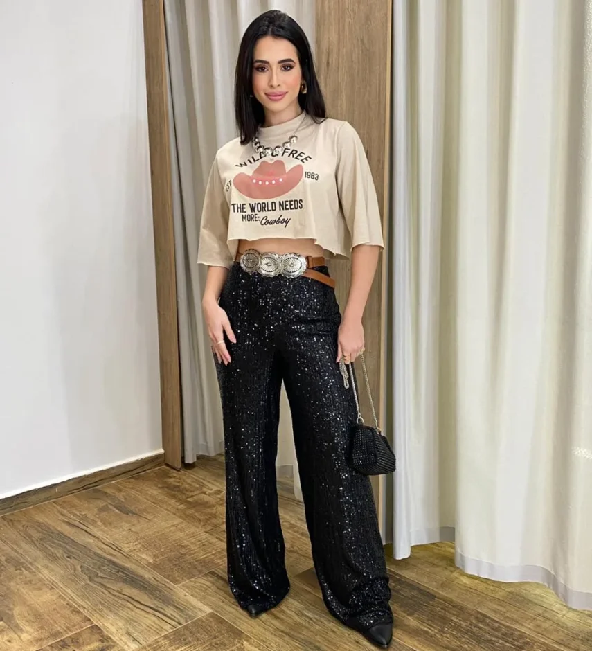 Calça Feminina Pantalona de Paetê Preta - Fernanda Ramos Store