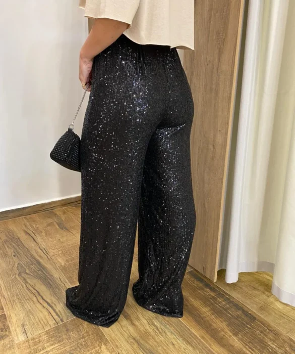 Calça Feminina Pantalona de Paetê Preta - Fernanda Ramos Store