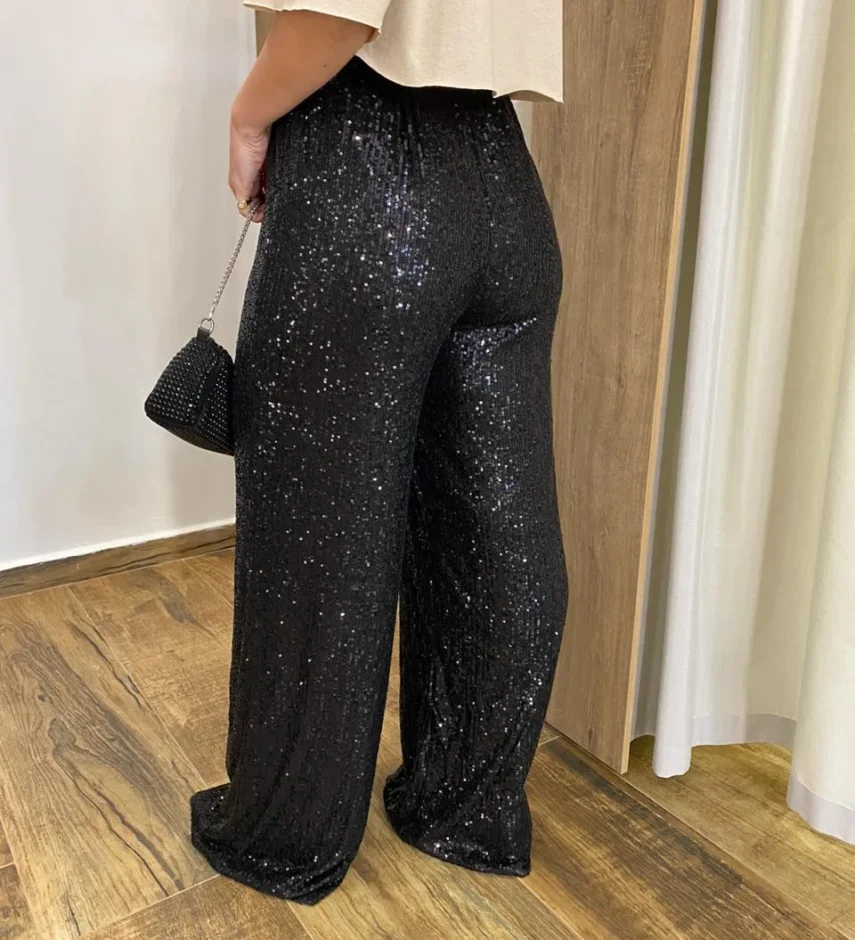 Calça Feminina Pantalona de Paetê Preta - Fernanda Ramos Store
