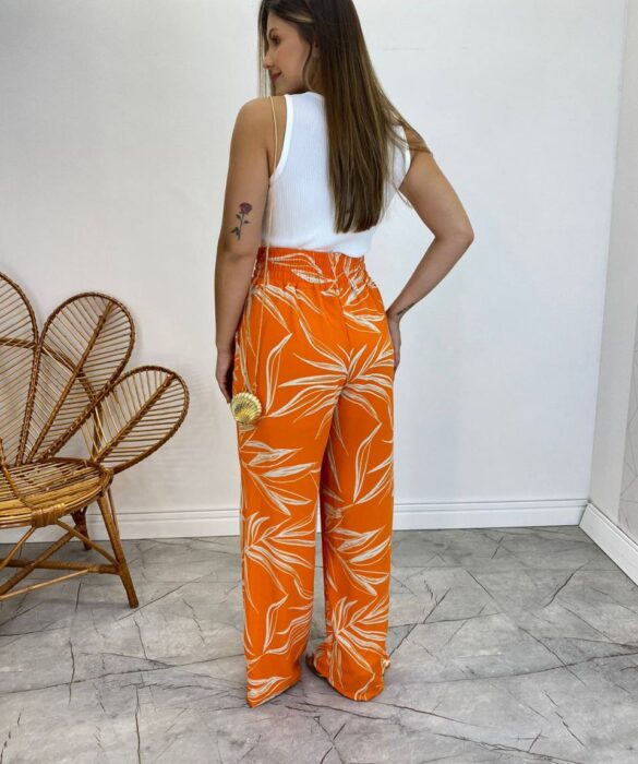 Calça Feminina Pantalona Zoe Estampada Laranja - Fernanda Ramos Store