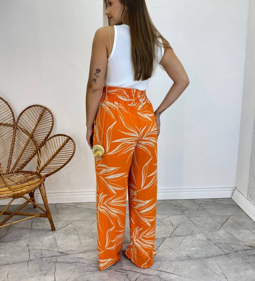 Calça Feminina Pantalona Zoe Estampada Laranja - Fernanda Ramos Store
