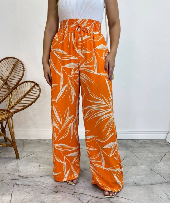 Calça Feminina Pantalona Zoe Estampada Laranja - Fernanda Ramos Store