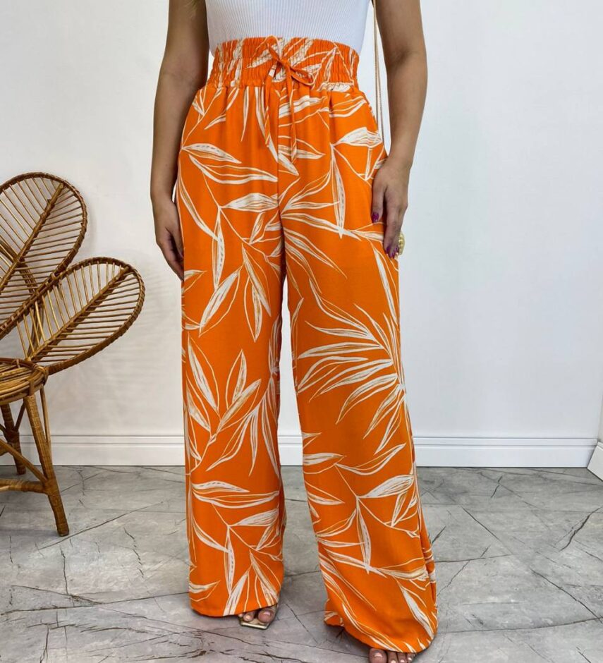 Calça Feminina Pantalona Zoe Estampada Laranja - Fernanda Ramos Store