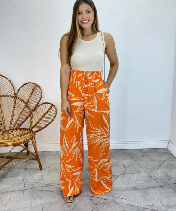 Calça Feminina Pantalona Zoe Estampada Laranja - Fernanda Ramos Store