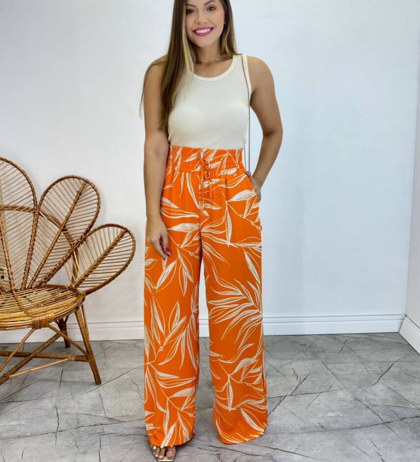 Calça Feminina Pantalona Zoe Estampada Laranja - Fernanda Ramos Store