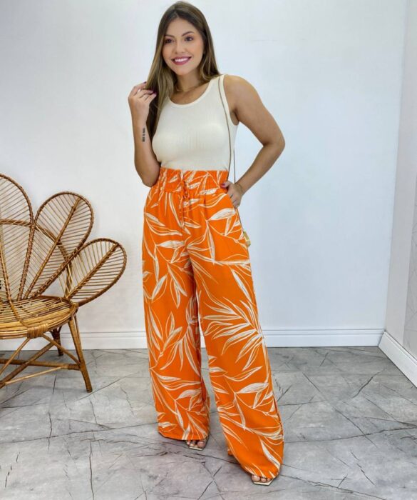 Calça Feminina Pantalona Zoe Estampada Laranja - Fernanda Ramos Store