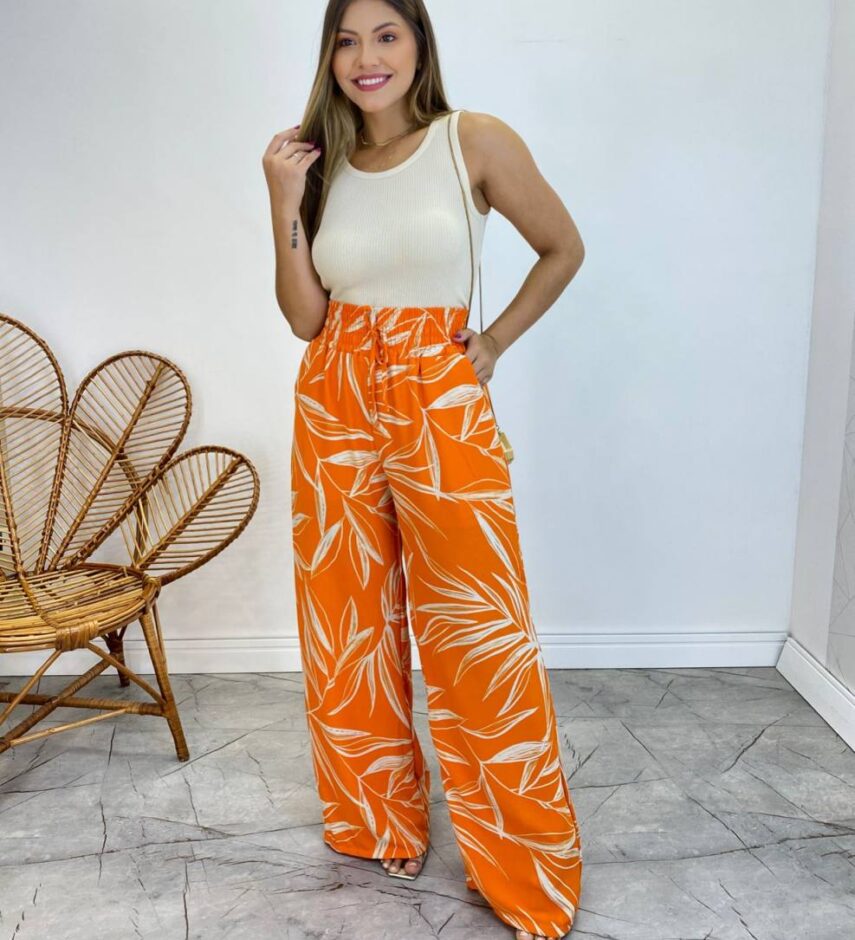 Calça Feminina Pantalona Zoe Estampada Laranja - Fernanda Ramos Store