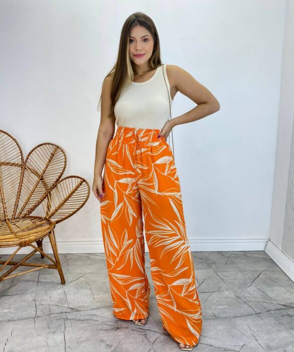 Calça Feminina Pantalona Zoe Estampada Laranja - Fernanda Ramos Store