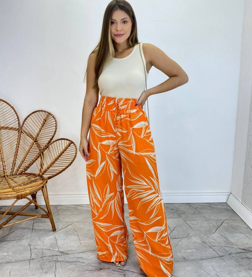 Calça Feminina Pantalona Zoe Estampada Laranja - Fernanda Ramos Store