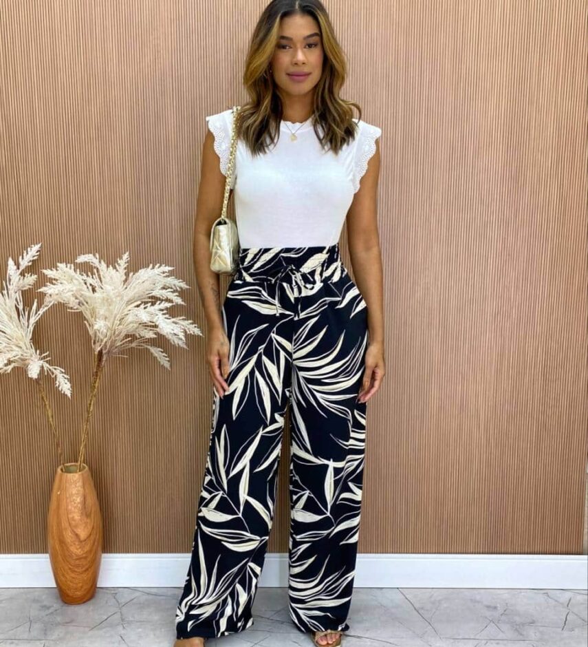 Calça Feminina Pantalona Zoe Estampada Preta - Fernanda Ramos Store