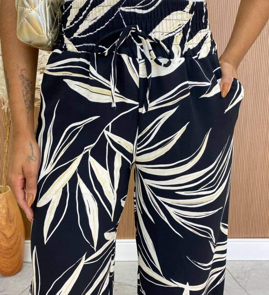 Calça Feminina Pantalona Zoe Estampada Preta - Fernanda Ramos Store