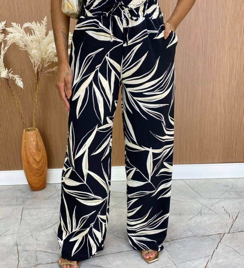 Calça Feminina Pantalona Zoe Estampada Preta - Fernanda Ramos Store