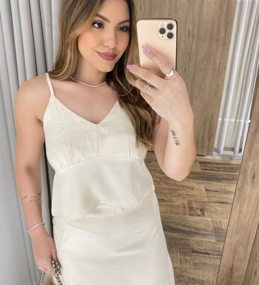 Conjunto Feminino Allana Cropped sem Bojo e Saia Midi Nude - Fernanda Ramos Store