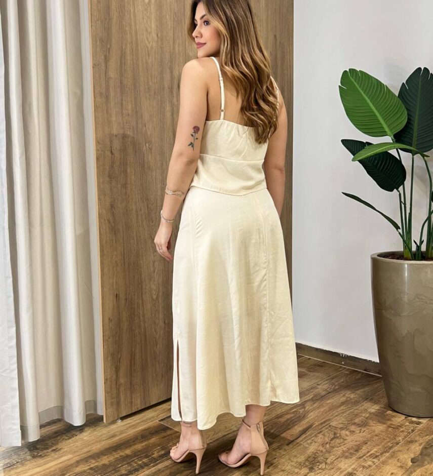 Conjunto Feminino Allana Cropped sem Bojo e Saia Midi Nude - Fernanda Ramos Store