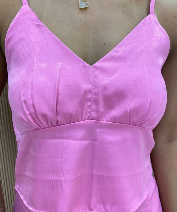 Conjunto Feminino Allana Cropped sem Bojo e Saia Midi Rosa - Fernanda Ramos Store