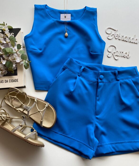 Conjunto Feminino Ayla Cropped sem Bojo e Short Azul - Fernanda Ramos Store