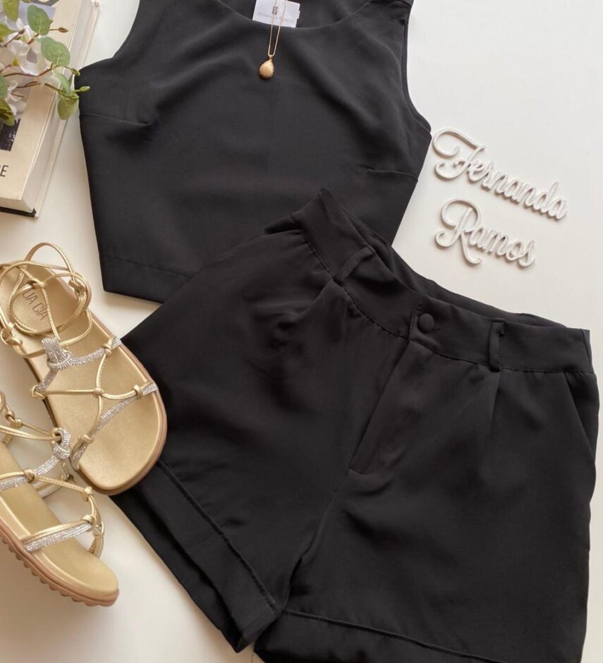Conjunto Feminino Ayla Cropped sem Bojo e Short Preto - Fernanda Ramos Store
