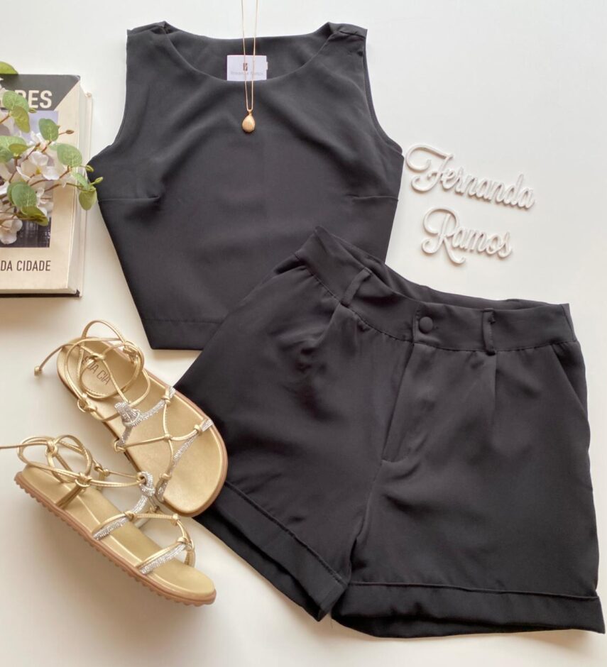 Conjunto Feminino Ayla Cropped sem Bojo e Short Preto - Fernanda Ramos Store