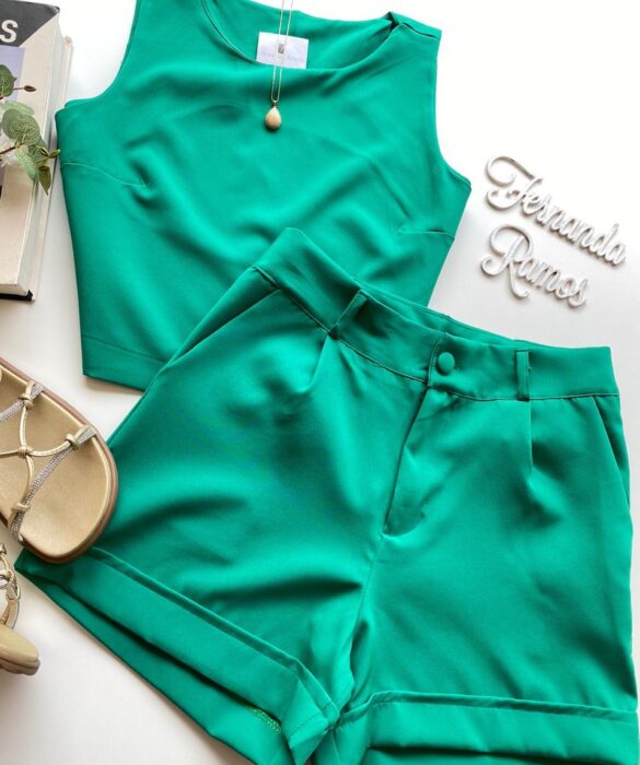 Conjunto Feminino Ayla Cropped sem Bojo e Short Verde Bandeira - Fernanda Ramos Store