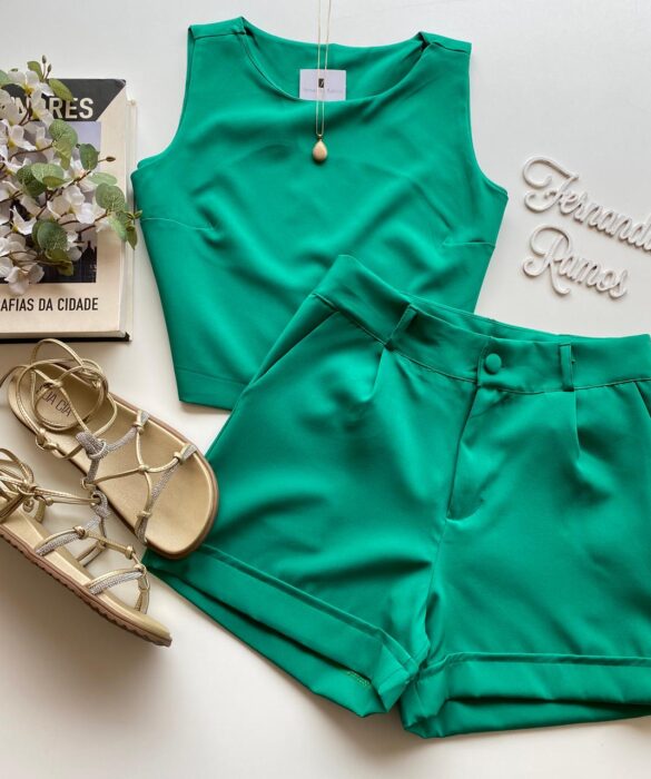 Conjunto Feminino Ayla Cropped sem Bojo e Short Verde Bandeira - Fernanda Ramos Store