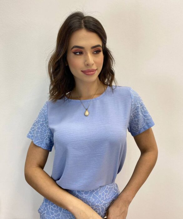 Conjunto Feminino Blusa Manga Curta e Short com Detalhe Azul - Fernanda Ramos Store