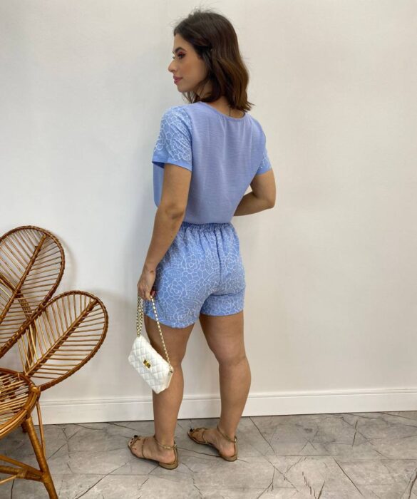 Conjunto Feminino Blusa Manga Curta e Short com Detalhe Azul - Fernanda Ramos Store