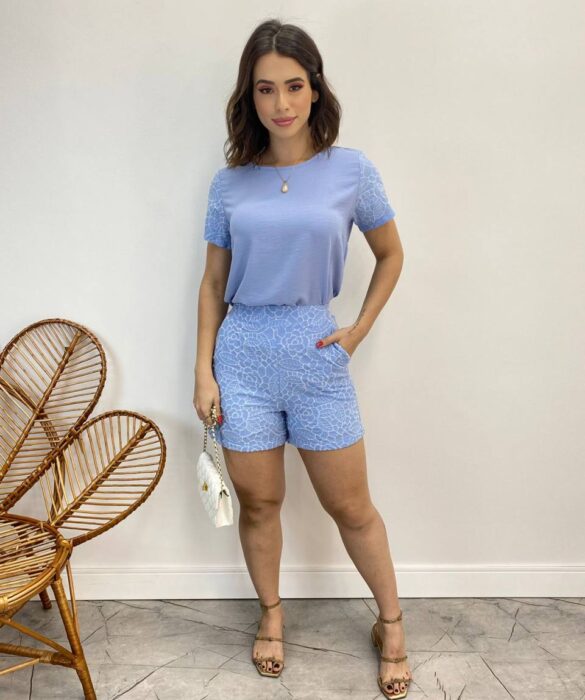 Conjunto Feminino Blusa Manga Curta e Short com Detalhe Azul - Fernanda Ramos Store