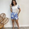 Conjunto Feminino Blusa Manga Curta e Short Estampado Azul - Fernanda Ramos Store