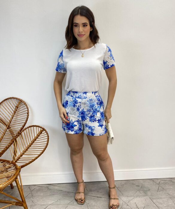 Conjunto Feminino Blusa Manga Curta e Short Estampado Azul - Fernanda Ramos Store