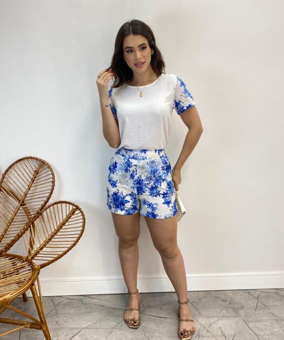 Conjunto Feminino Blusa Manga Curta e Short Estampado Azul - Fernanda Ramos Store