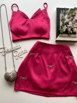 Conjunto Feminino Cropped com Bojo e Short Saia com Broche Pink - Fernanda Ramos Store