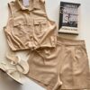 Conjunto Feminino Cropped com Botões e Amarração e Short Bege - Fernanda Ramos Store