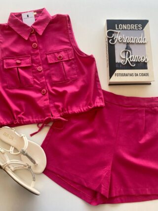 Conjunto Feminino Cropped com Botões e Amarração e Short Pink - Fernanda Ramos Store