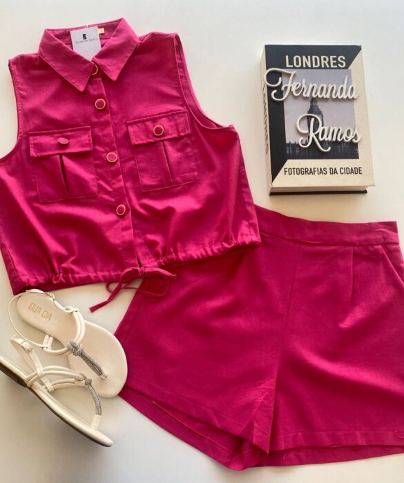 Conjunto Feminino Cropped com Botões e Amarração e Short Pink - Fernanda Ramos Store