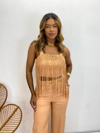 Conjunto Feminino Fernanda Cropped sem Bojo e Calça Bege Escuro - Fernanda Ramos Store