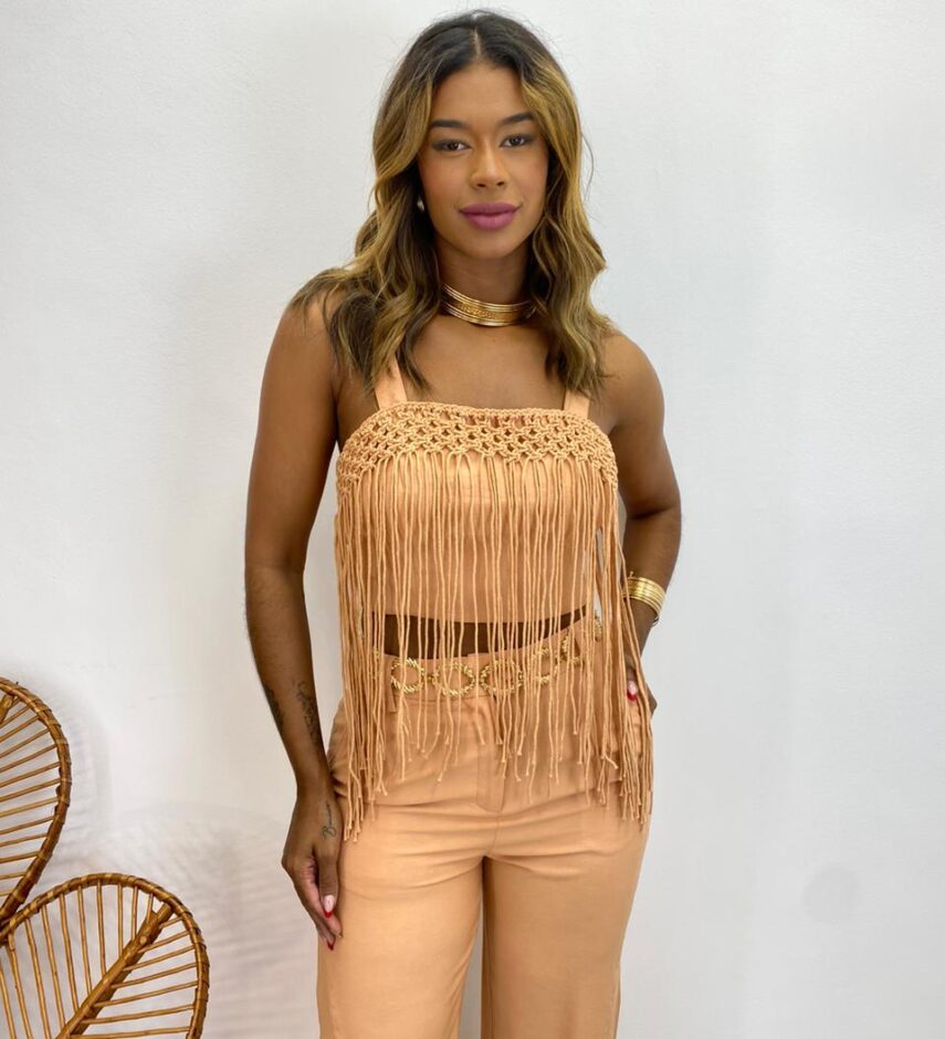 Conjunto Feminino Fernanda Cropped sem Bojo e Calça Bege Escuro - Fernanda Ramos Store