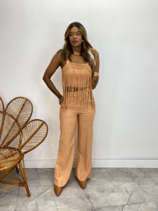 Conjunto Feminino Fernanda Cropped sem Bojo e Calça Bege Escuro - Fernanda Ramos Store