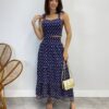 Conjunto Feminino Lara Bordado Cropped e Saia Midi Azul Marinho - Fernanda Ramos Store