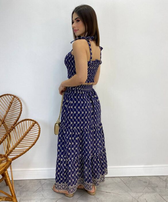 Conjunto Feminino Lara Bordado Cropped e Saia Midi Azul Marinho - Fernanda Ramos Store