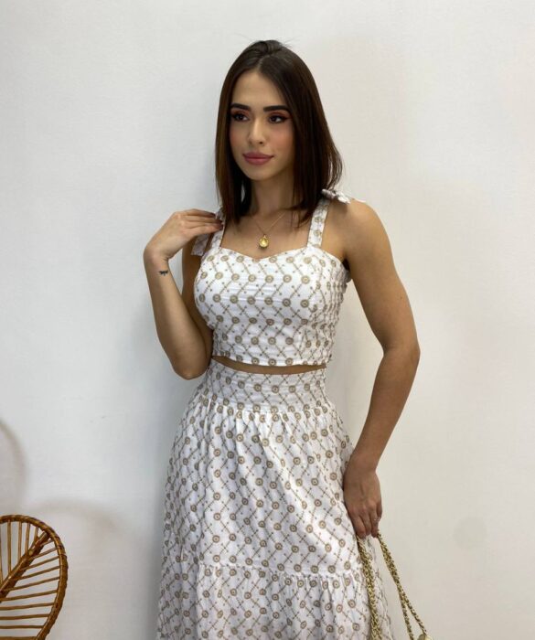 Conjunto Feminino Lara Bordado Cropped e Saia Midi Branco - Fernanda Ramos Store