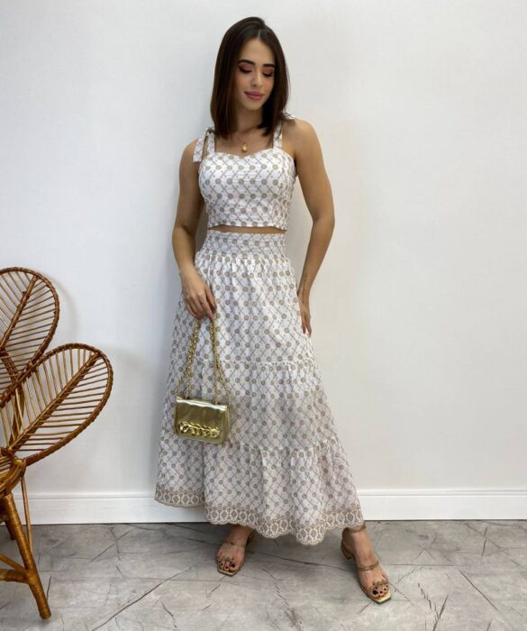 Conjunto Feminino Lara Bordado Cropped e Saia Midi Branco - Fernanda Ramos Store