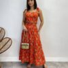 Conjunto Feminino Lara Bordado Cropped e Saia Midi Laranja - Fernanda Ramos Store