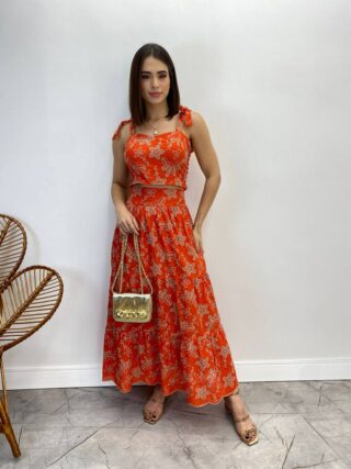 Conjunto Feminino Lara Bordado Cropped e Saia Midi Laranja - Fernanda Ramos Store