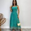 Conjunto Feminino Lara Bordado Cropped e Saia Midi Verde Agua - Fernanda Ramos Store