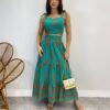 Conjunto Feminino Lara Bordado Laranja Cropped e Saia Midi Verde - Fernanda Ramos Store