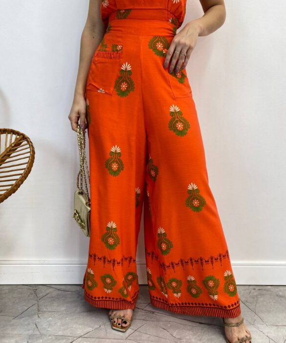 Conjunto Feminino Luna Cropped e Calça Pantalona Estampa Laranja - Fernanda Ramos Store