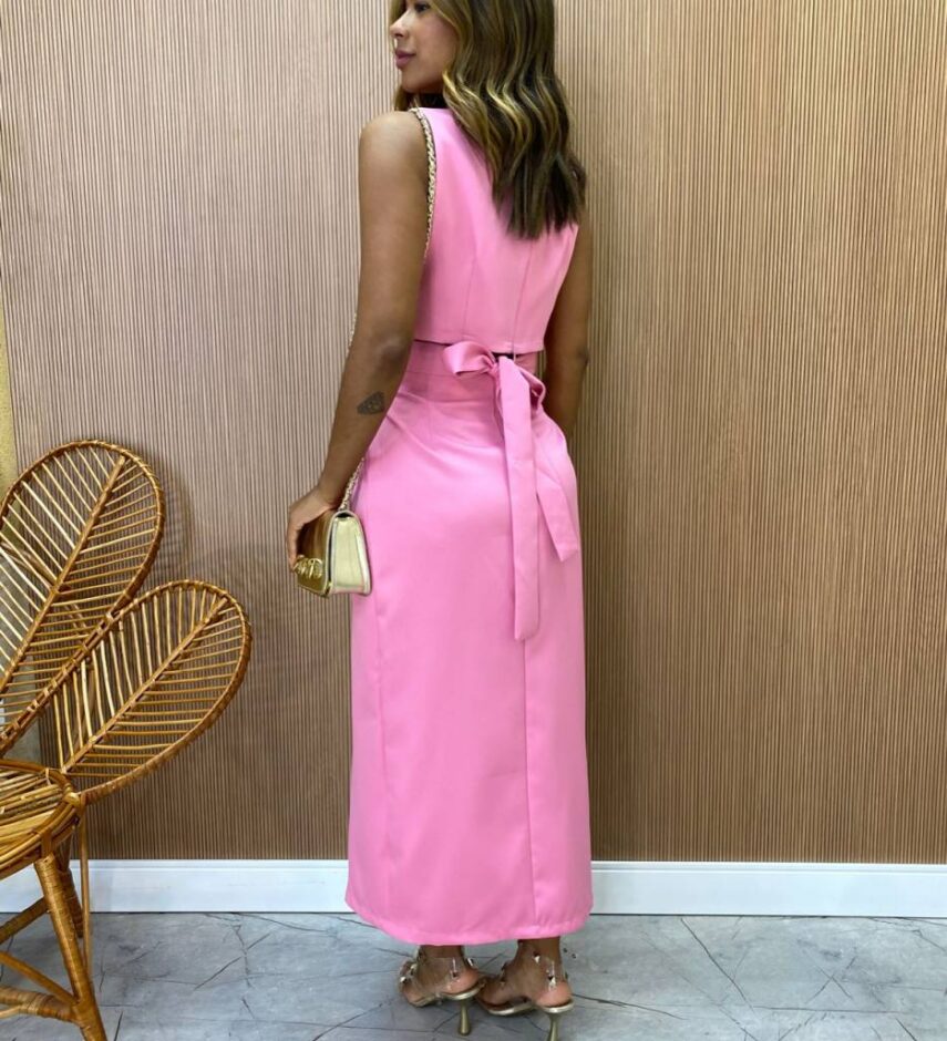 Conjunto Feminino Luna Cropped sem Bojo e Saia Midi com Fenda Rosa - Fernanda Ramos Store