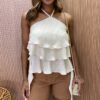 Cropped Bata Feminino com Bojo e Babado Plissado Nude - Fernanda Ramos Store