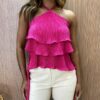 Cropped Bata Feminino com Bojo e Babado Plissado Pink - Fernanda Ramos Store