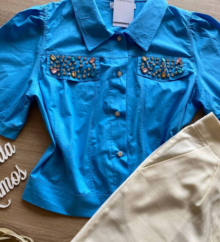 Cropped Camisa Feminino com Aplicações Azul - Fernanda Ramos Store